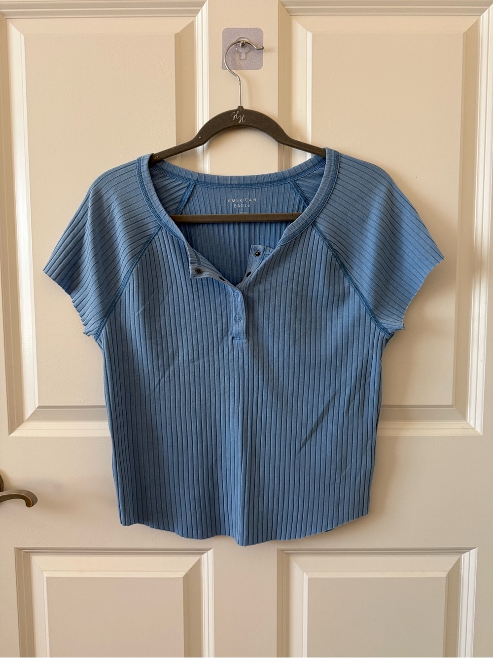 American Eagle Outfitters Ribbed Short Sleeve Henley Top In Blue NWOT!